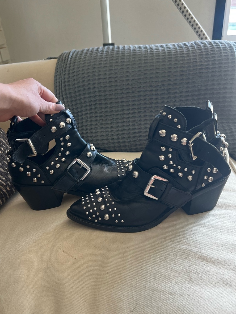 Black Studded Ankle Boots with Buckle Strap